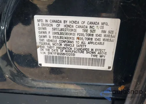 2006 Honda Pilot Ex из США, поврежденный, VIN 2HKYF18556H512551